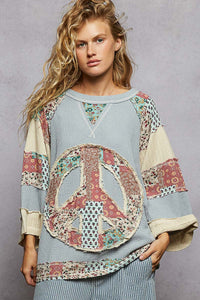 POL Round Neck Printed Peach Patch Overlock Stitch Knit Top