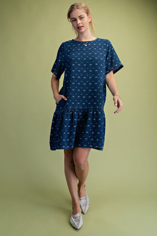 Easel - Bow Printed Ruffle Bottom Denim Dress