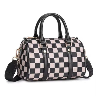 Ella Nylon Checker And Solid Color Boston Bag mocha checker