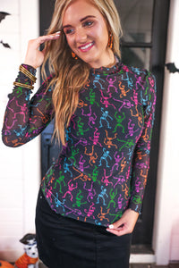 Jess Lea - Keigan Mesh Top – Neon Skeleton Print Halloween Shirt for Women