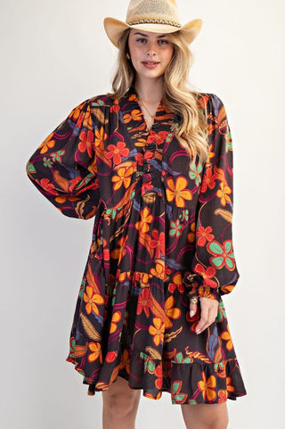 Easel Floral Printed Rayon Gauze Tiered Dress -Smoke