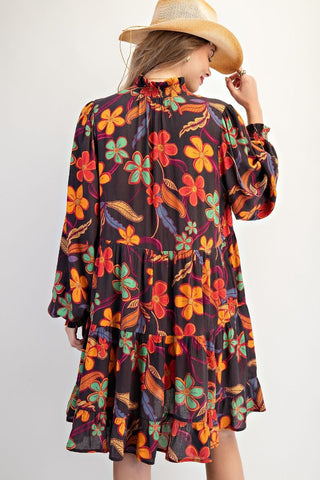 Easel Floral Printed Rayon Gauze Tiered Dress -Smoke