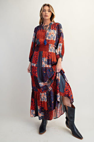 Easel Patch Printed Rayon Gauze Maxi Dress