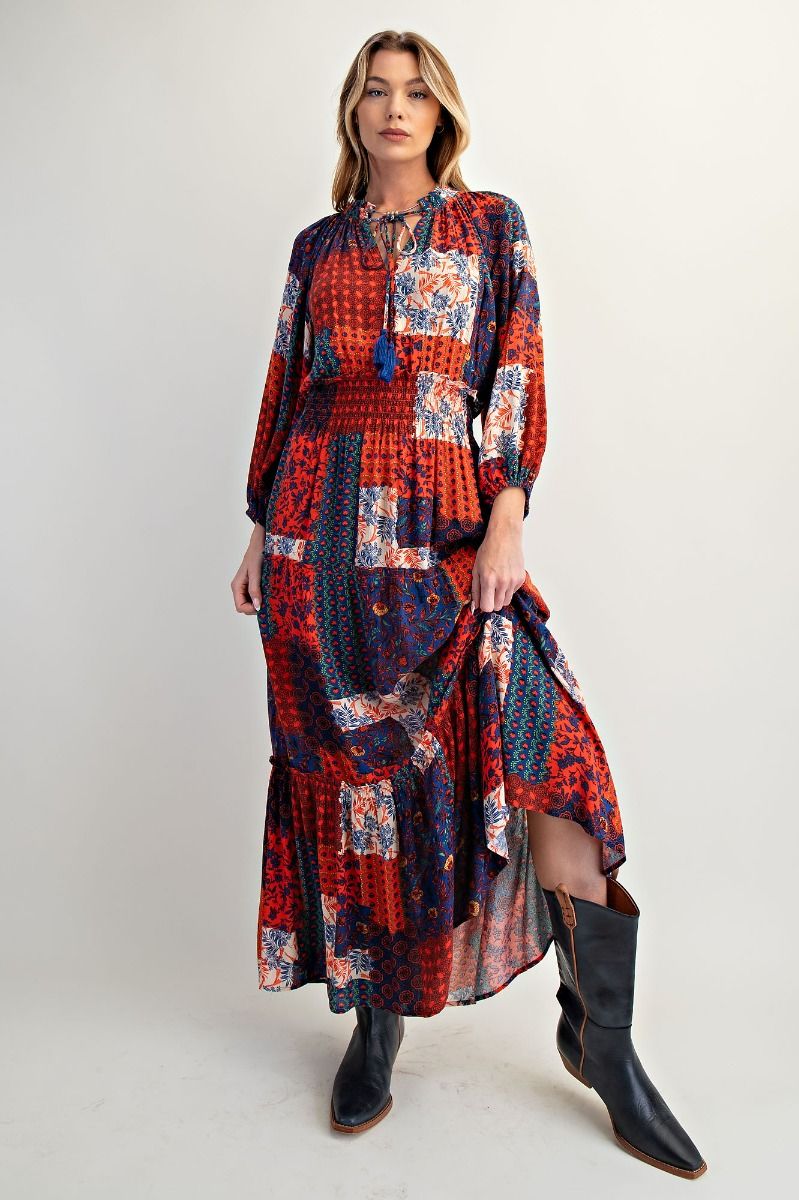 Easel Patch Printed Rayon Gauze Maxi Dress