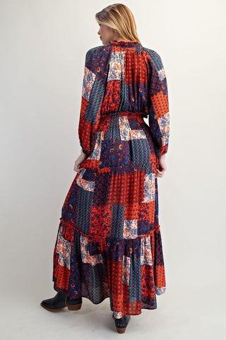 Easel Patch Printed Rayon Gauze Maxi Dress