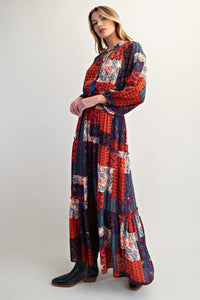 Easel Patch Printed Rayon Gauze Maxi Dress