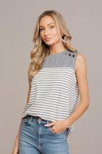 Load image into Gallery viewer, LB Sew In Love Striped 3-Button Shoulder Detail Sleeveless Top - Charcoal

