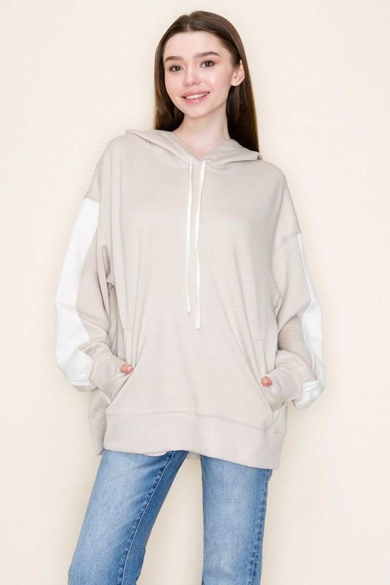 White Birch Oversized Hoodie Women – Beige Contrast Sleeve Casual Hoodie