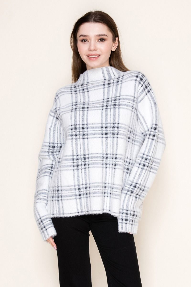 White Birch - Plaid Mock Neck Sweater