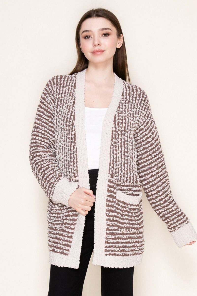 White Birch Striped Textured Cardigan – Open Front