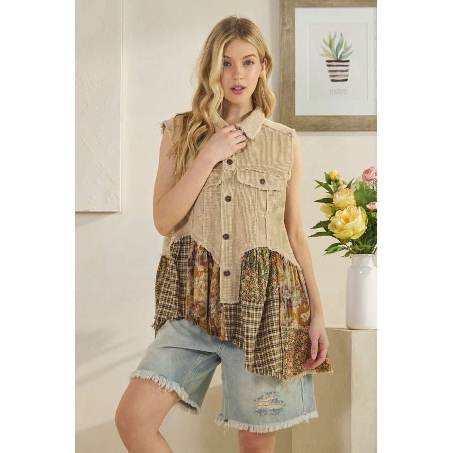 Oli & Hali Washed Flannel Ruffle Hem Corduroy Sleeveless Vest | Women’s Layering Top