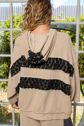 POL 3/4 Sleeve Lace Patch Cut And Sew Knit Sweater Hoodie Top