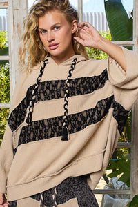 POL 3/4 Sleeve Lace Patch Cut And Sew Knit Sweater Hoodie Top