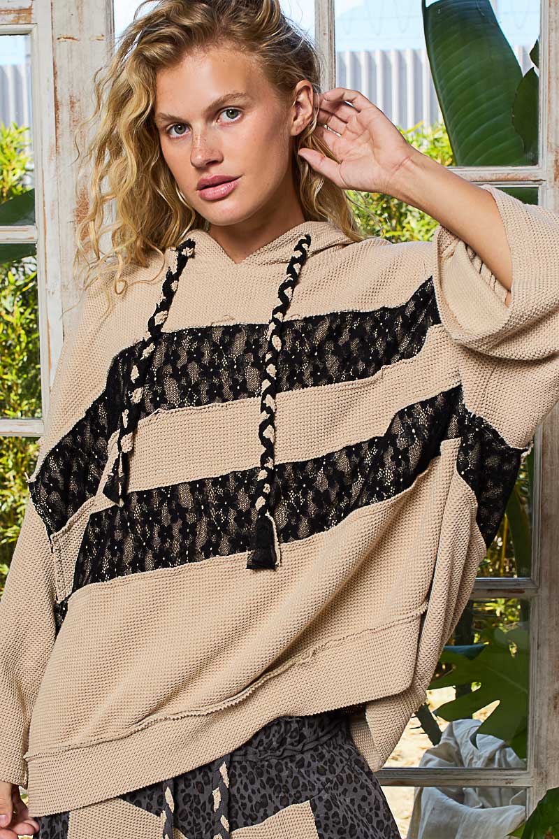 POL 3/4 Sleeve Lace Patch Cut And Sew Knit Sweater Hoodie Top