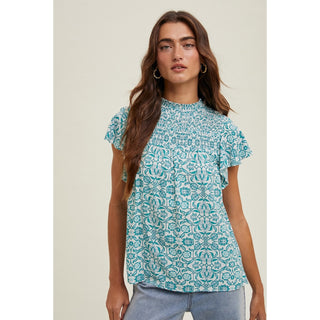 Wishlist Mosaic Smocked High-Neck Blouse- Teal