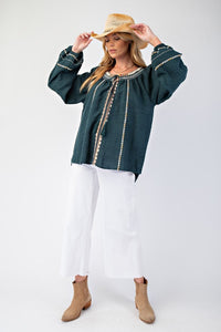 Easel Embroidery Detailing Rayon Linen Top
