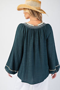 Easel Embroidery Detailing Rayon Linen Top