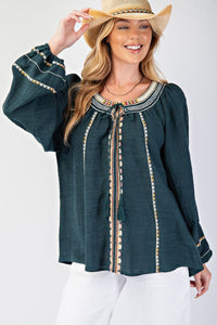 Easel Embroidery Detailing Rayon Linen Top