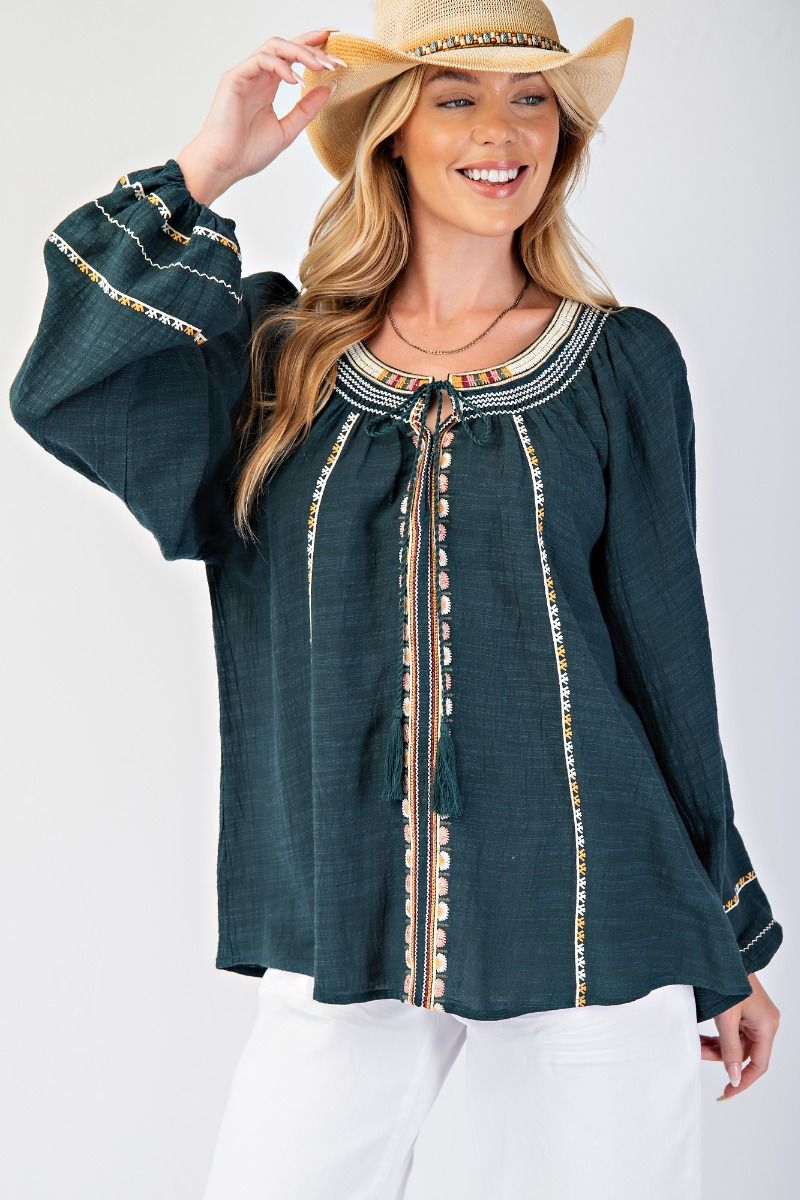 Easel Embroidery Detailing Rayon Linen Top
