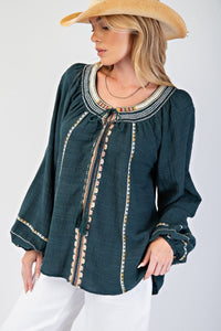 Easel Embroidery Detailing Rayon Linen Top