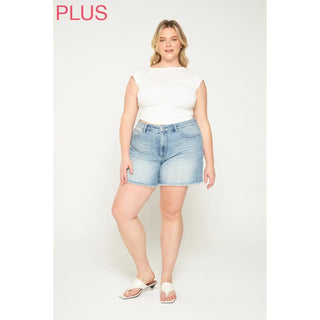 MICA DENIM HIGH RISE FRAYED HEM SHORTS COOL INDIGO