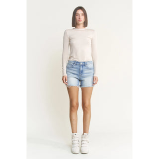 MICA DENIM HIGH RISE FRAYED HEM SHORTS COOL INDIGO