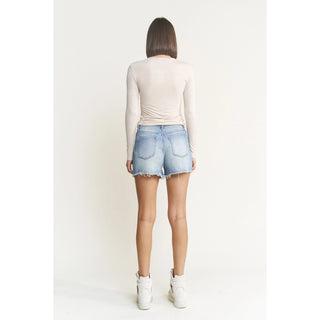 MICA DENIM HIGH RISE FRAYED HEM SHORTS COOL INDIGO