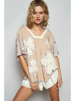POL Short Sleeve Floral Patch Hoodie Knit Top - Wheat