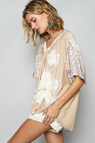 POL Short Sleeve Floral Patch Hoodie Knit Top - Wheat