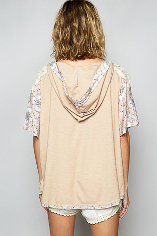POL Short Sleeve Floral Patch Hoodie Knit Top - Wheat