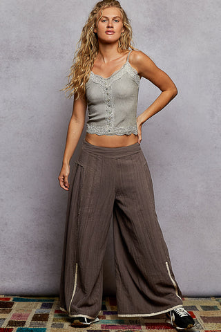 POL Vintage Washing Solid Side Ruffle Detail Wide Woven Pants - Charcoal
