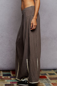 POL Vintage Washing Solid Side Ruffle Detail Wide Woven Pants