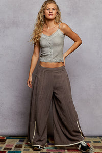 POL Vintage Washing Solid Side Ruffle Detail Wide Woven Pants