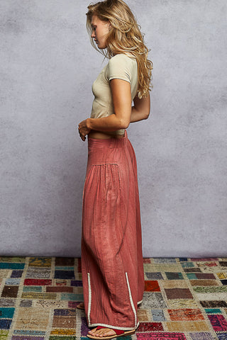 POL Vintage Washing Solid Side Ruffle Detail Wide Woven Pants-Rosewood