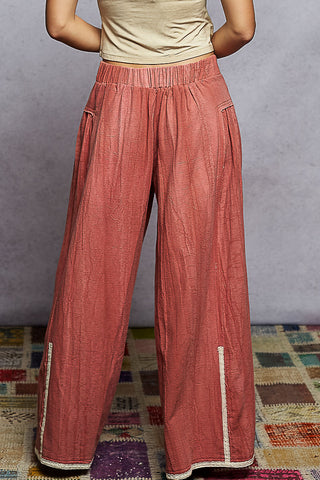 POL Vintage Washing Solid Side Ruffle Detail Wide Woven Pants-Rosewood