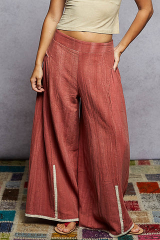 POL Vintage Washing Solid Side Ruffle Detail Wide Woven Pants-Rosewood