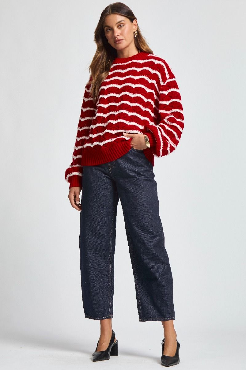 Dear Scarlett Christmas Sweater- Red Scallop Stripe